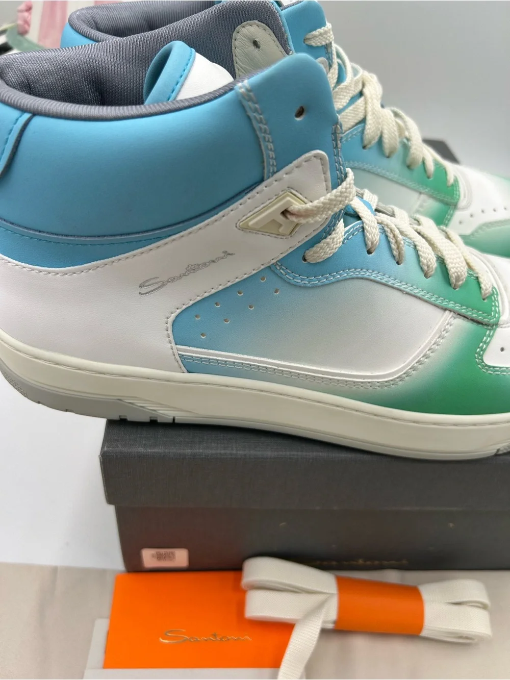 Men's Santoni Men's High-Top Sneakers in Green, Blue & White size 11 made Italy - Picture 6 of 9